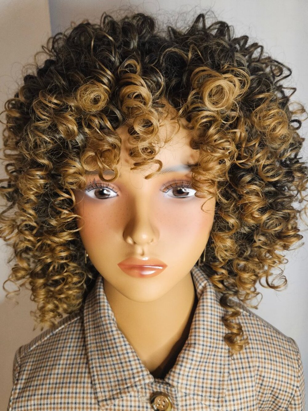 Voluminous  Defined Curly Wig  Dark Brown Roots Honey Blonde Highlights (New)